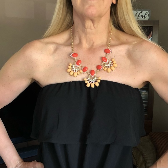 Coral & peach colored bubble statement necklace with rhinestones - Picture 2 of 7